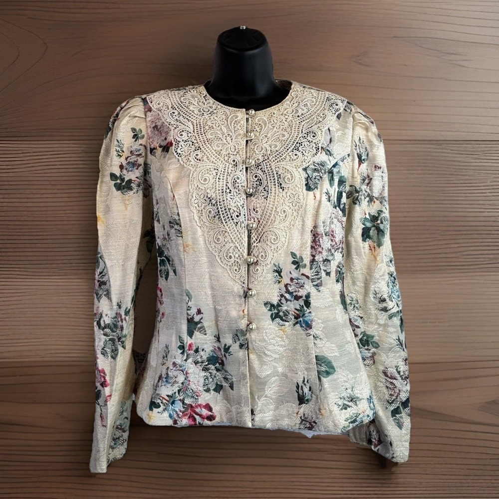Vintage 1980s Jacket Top‎ S Floral Damask Lace Overlay Pearl Buttons Cottagecore